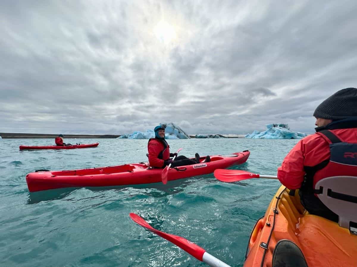 Liz kayaking at Jokulsarlon in Iceland