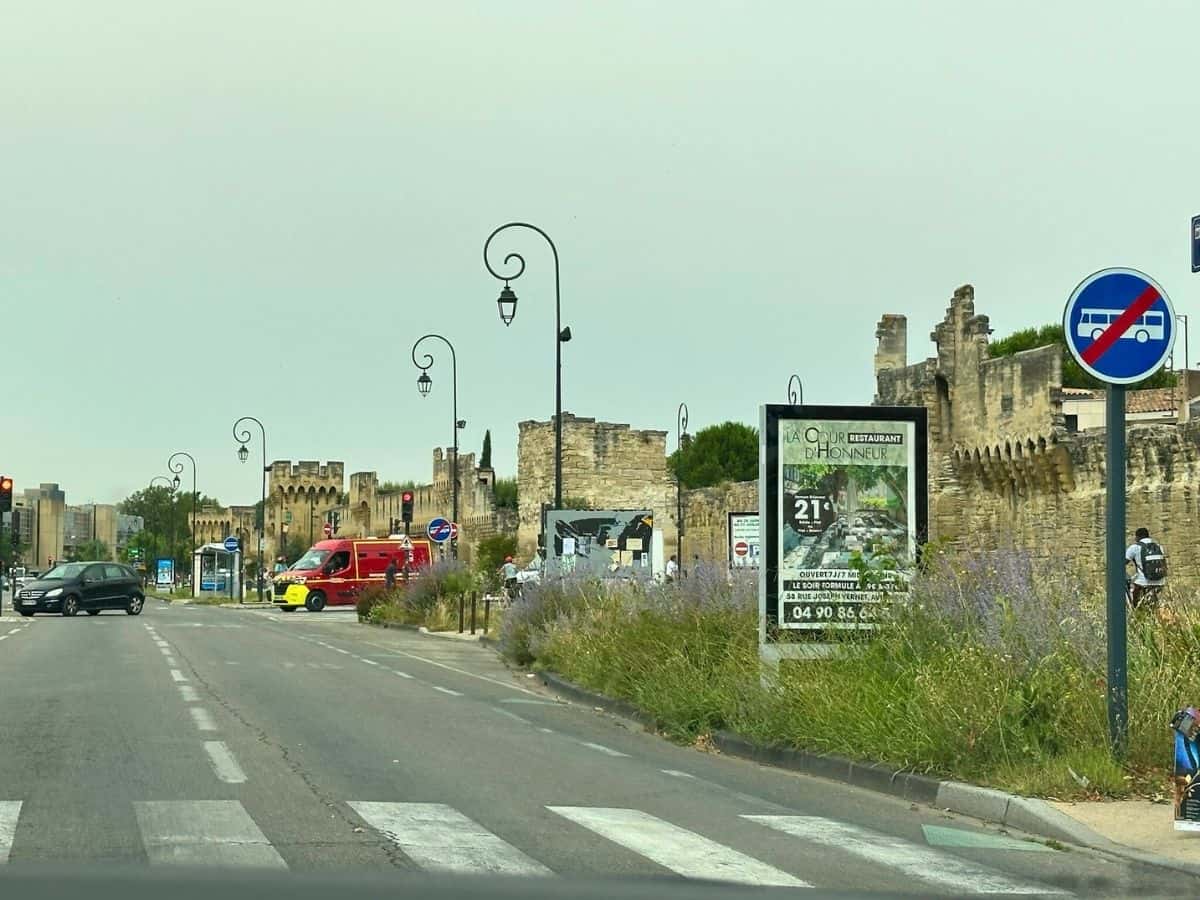 Driving on the outskirts of Avignon's walled old town