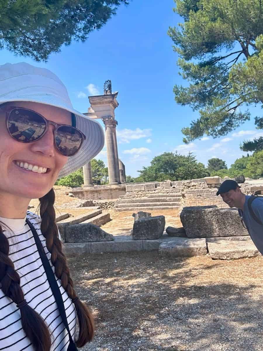 Liz and Steve enjoying relative quiet at Glanum - one of our favorite aspects of these Roman ruins in Provence