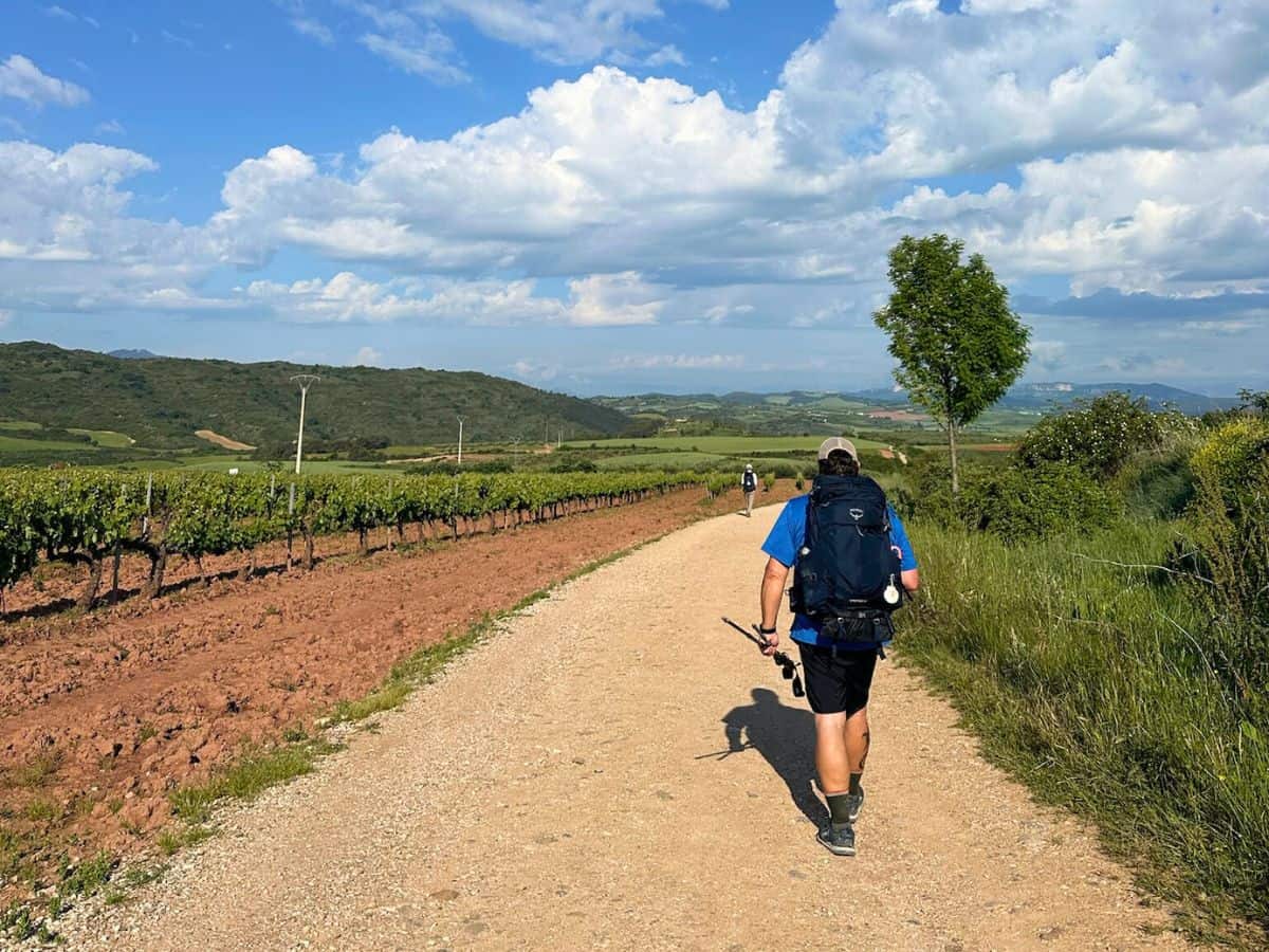 Steve walking along the Camino with fields visible to the horizon. Many pilgrims simply feel pulled to the Camino without a clear why.