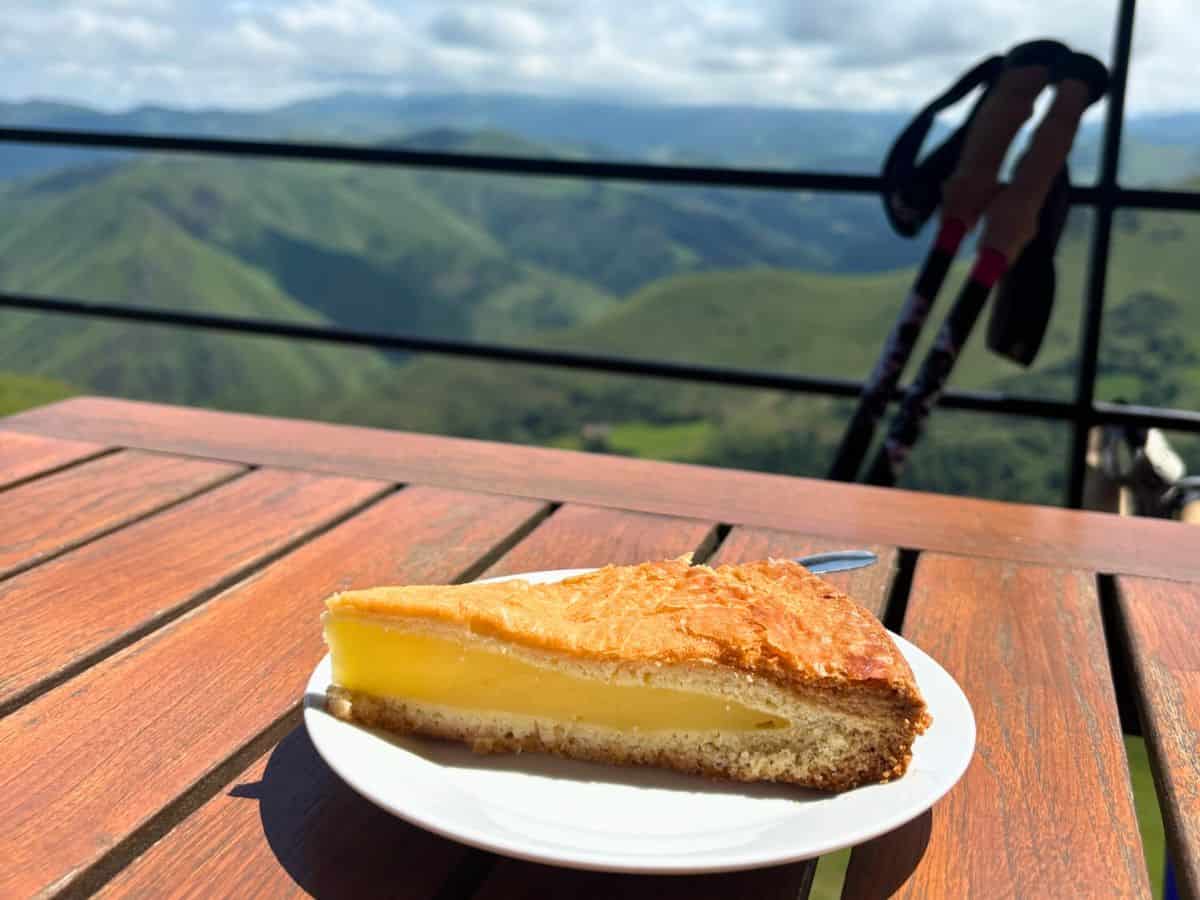 A slice of Basque cake enjoyed in the Pyrenees along the Camino Francés. Camino food is hit or miss, but treats like these are special