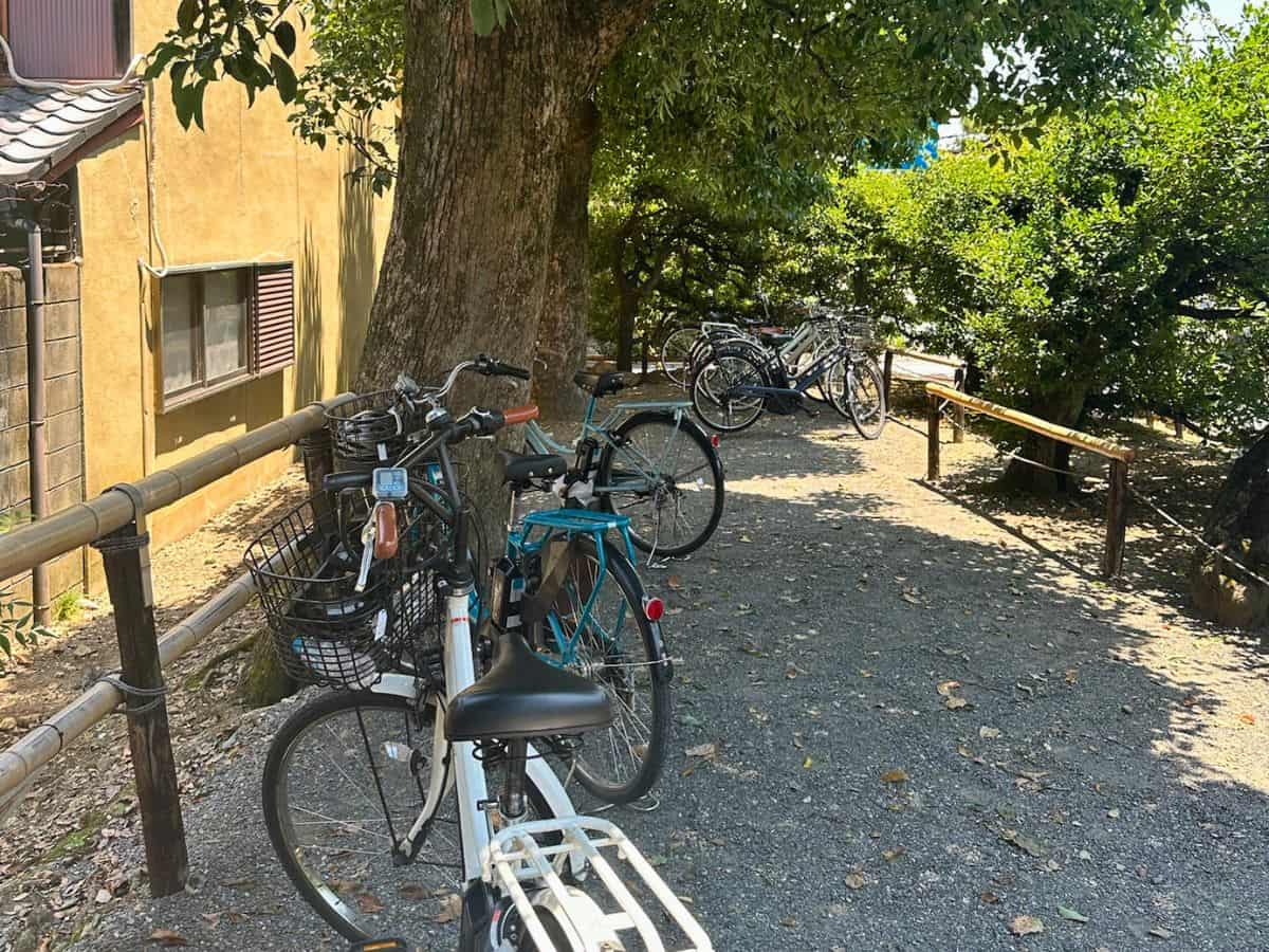 Our rented bikes parked by the Golden Pavilion in Kyoto