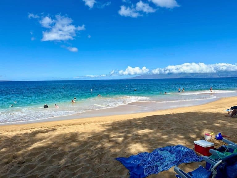 A calm beach along West Maui - perfectly calm for swimming on Maui.