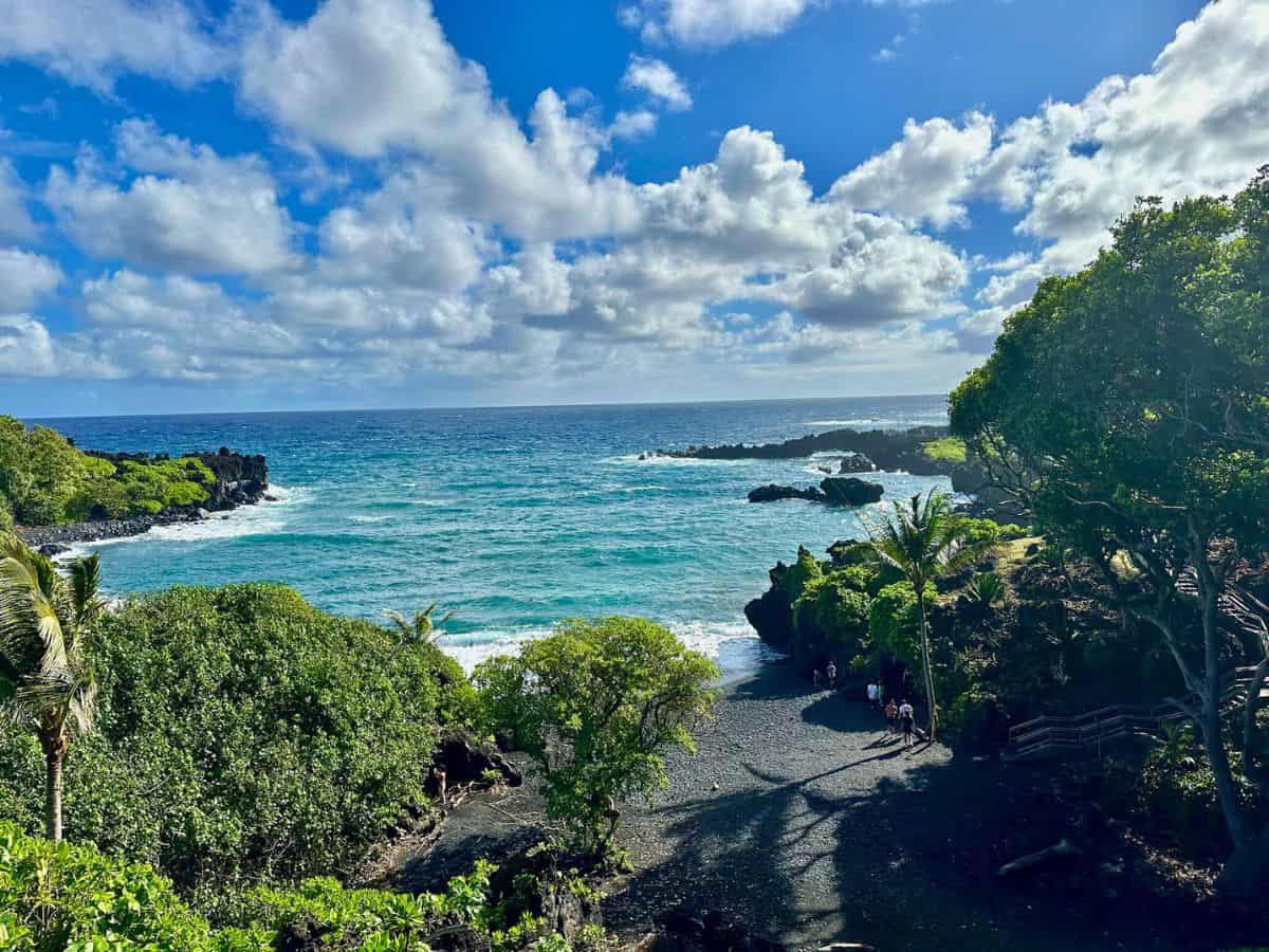 Black sand beach along Maui's east shore, on the Road to Hana.