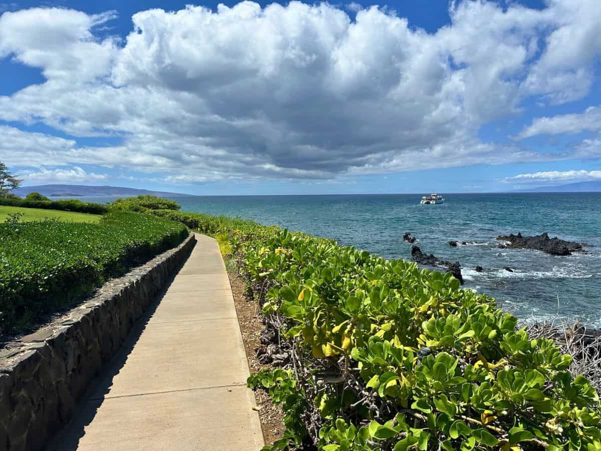 A paved trail along the Wailea coastal trail. In choosing Kihei vs. Wailea for coastal walks, Wailea is more accessible.